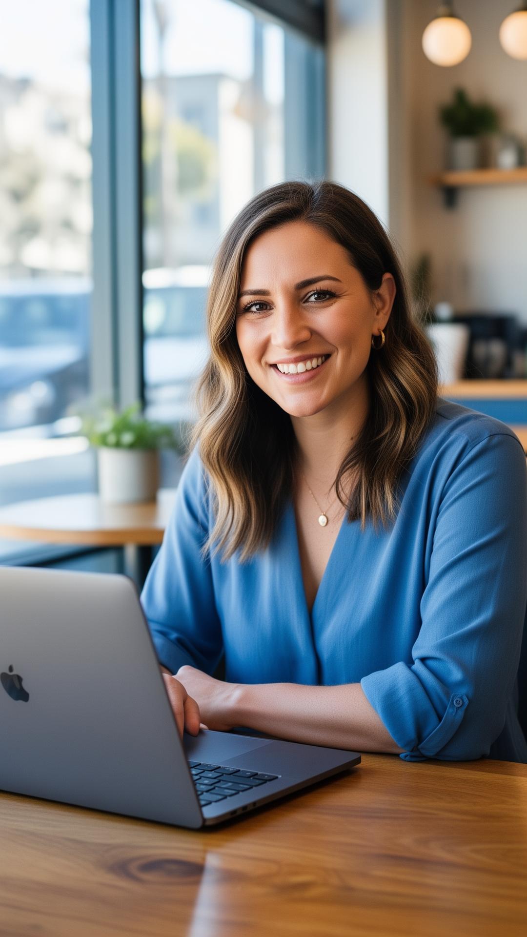 Stephanie Zlateva, Bay Area web designer, smiling at her laptop